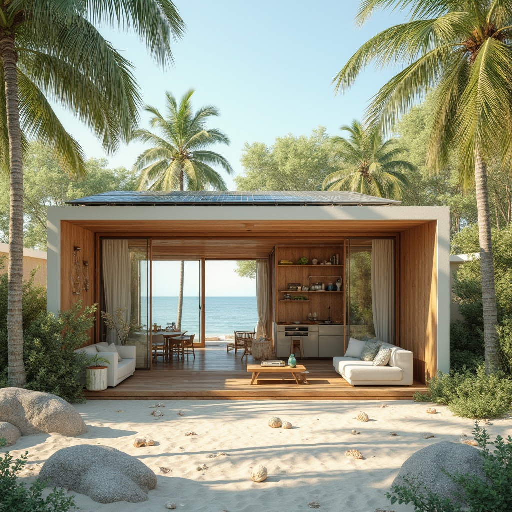 Prompt: Beach home, sustainable design, eco-friendly, modern architecture, large windows, sliding glass doors, natural ventilation, solar panels, green roof, recycled materials, wooden accents, minimal waste, energy-efficient appliances, coastal-inspired decor, driftwood furniture, ocean views, beachy atmosphere, warm sunlight, gentle sea breeze, palm trees swaying, sandy dunes, seashells scattered, serene ambiance, soft pastel colors, natural textures, 3/4 composition, warm lighting, relaxed mood.