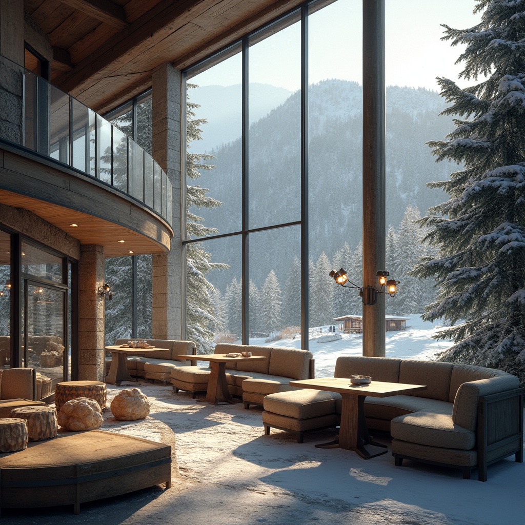 Prompt: Winter sports, ski center, khaki color palette, modern architecture, steel structure, wooden accents, large glass windows, snow-capped roof, snowflakes falling gently, foggy atmosphere, morning sunlight, warm interior lighting, comfortable seating area, rustic wooden tables, plush couches, earthy tone decorations, pine trees surrounding, mountainous backdrop, soft focus, shallow depth of field, cinematic composition, HDR, natural textures.