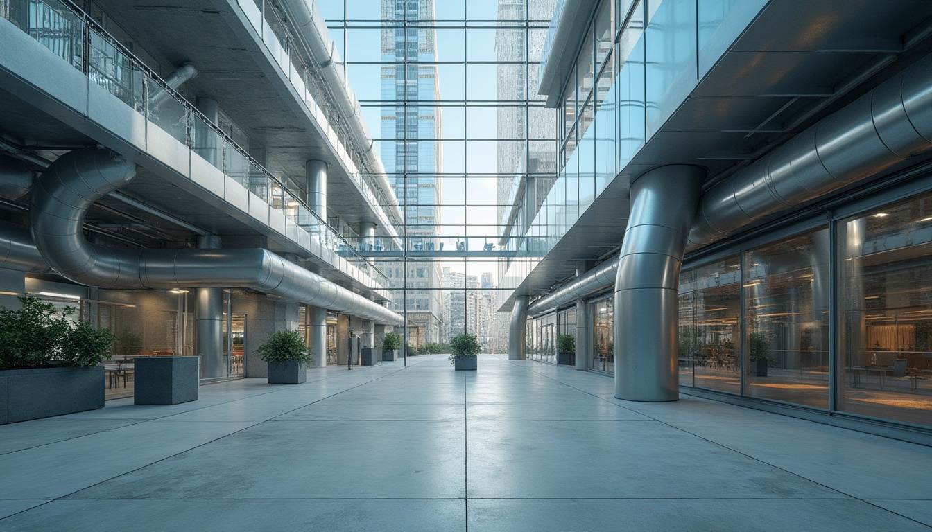 Prompt: Modern architecture, steel-framed building, urban cityscape, sleek lines, metallic materials, glass facade, reflective surface, minimalist interior, industrial chic, exposed ductwork, concrete flooring, floor-to-ceiling windows, panoramic view, daytime, clear sky, low-angle shot, wide-angle lens, cinematic composition.