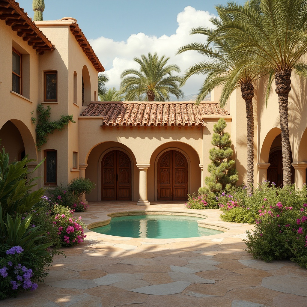 Prompt: Desert villa, Gainsboro color, exterior, warm beige stucco walls, curved archways, ornate wooden doors, lush green palm trees, vibrant bougainvillea flowers, terracotta roof tiles, tranquil water features, sun-kissed courtyard, soft natural lighting, Mediterranean style, earthy tones, rustic textures, warm ambiance.