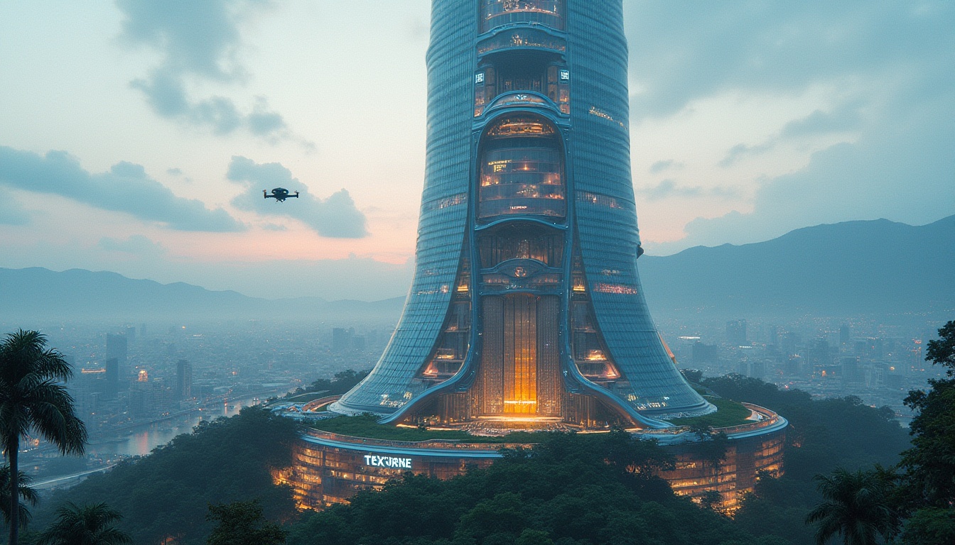 Prompt: Futuristic, sleek, neon-lit skyscraper, undulating curves, iridescent glass, metallic accents, holographic advertisements, levitating transportation pods, lush green roofs, vertical farming, sustainable materials, curved lines, geometric patterns, angular shapes, cyberpunk cityscape, distant mountains, cloudy sky, drone flying by, soft focus, cinematic composition, vibrant colors, high-tech ambiance.