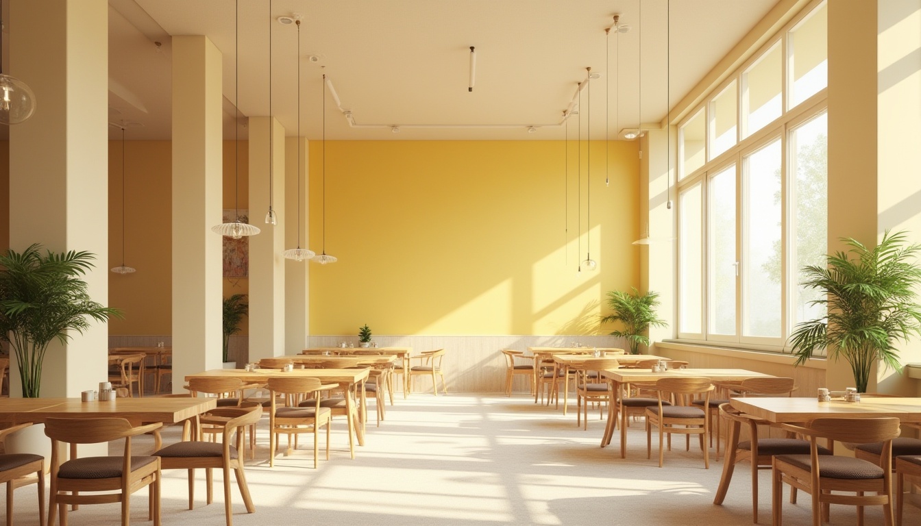 Prompt: Dining hall, bright atmosphere, warm light yellow walls, creamy white ceiling, large windows, natural light pouring in, rectangular wooden tables, comfortable cushioned chairs, simple pendant lamps, elegant floor lamps, green plants on corners, soft carpet flooring, subtle geometric patterns, minimal ornaments, spacious, airy, modern, Scandinavian style, afternoon sunbeams, gentle shadows, 3/4 composition, warm lighting, high ISO.