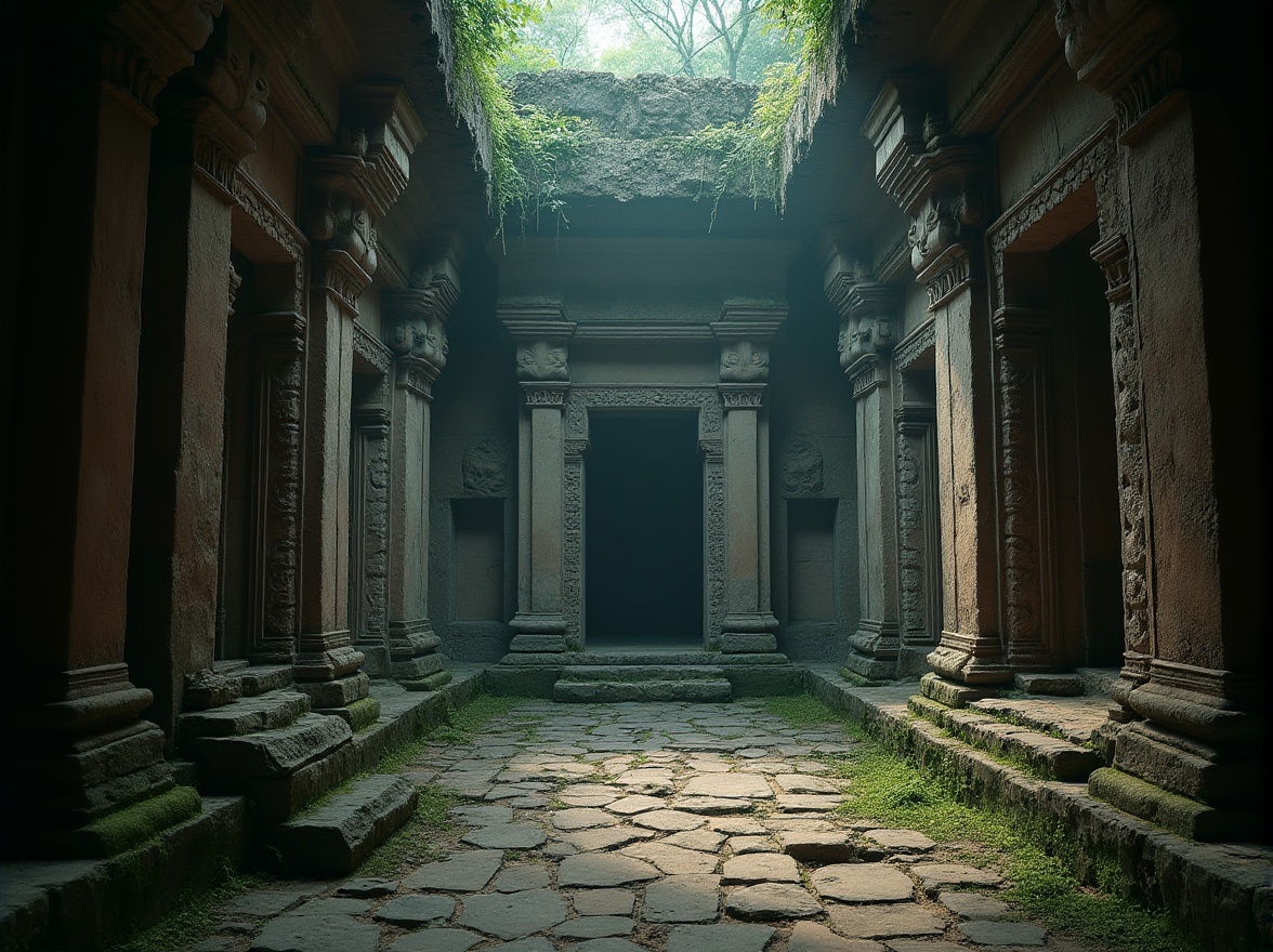 Prompt: Ancient, mystical ruins, stone structure, intricate carvings, weathered stone walls, crumbling stone pillars, moss-covered stone floors, mysterious stone statues, ornate stone doors, dimly lit, atmospheric lighting, misty ambient, warm color tone, cinematic composition, 3/4 view, low-angle shot, dramatic shading, natural texture.