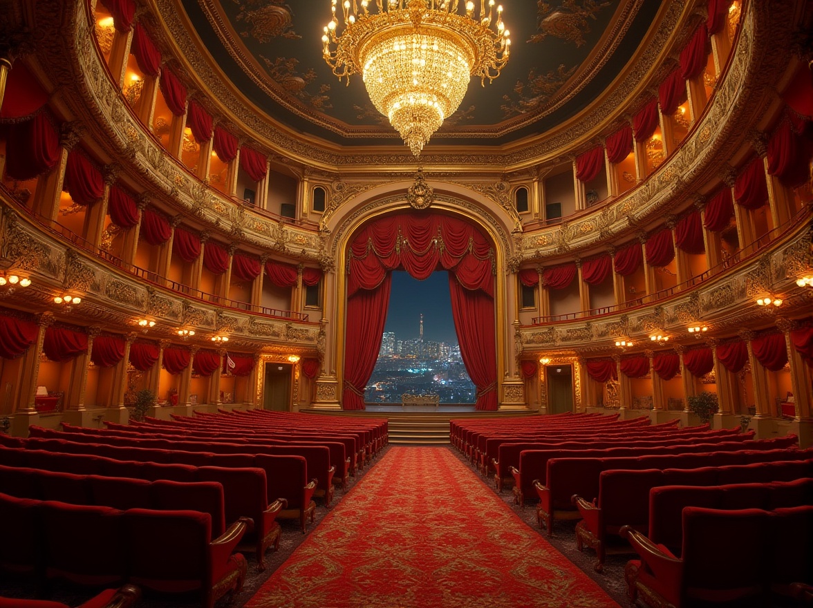 Prompt: Grand opera house, luxurious interior, crystal chandelier, red velvet curtains, golden ornate details, intricate moldings, grand staircase, Baroque architecture, ornate balconies, richly patterned carpet, majestic high ceiling, dramatic lighting, evening scene, cityscape, urban landscape, nighttime, warm glow, soft focus, shallow depth of field.