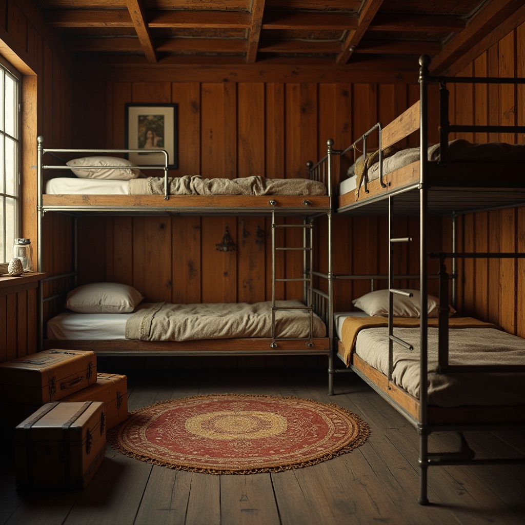 Prompt: Warm Sienna color, industrial dorms, cozy atmosphere, wooden bunk beds, metal frames, soft cushions, rustic blankets, earthy tones, vintage luggage, worn-out trunks, distressed wood walls, dimmed lighting, warm shadows, intimate setting, 3/4 composition, shallow depth of field, filmic texture, natural materials, relaxed mood.