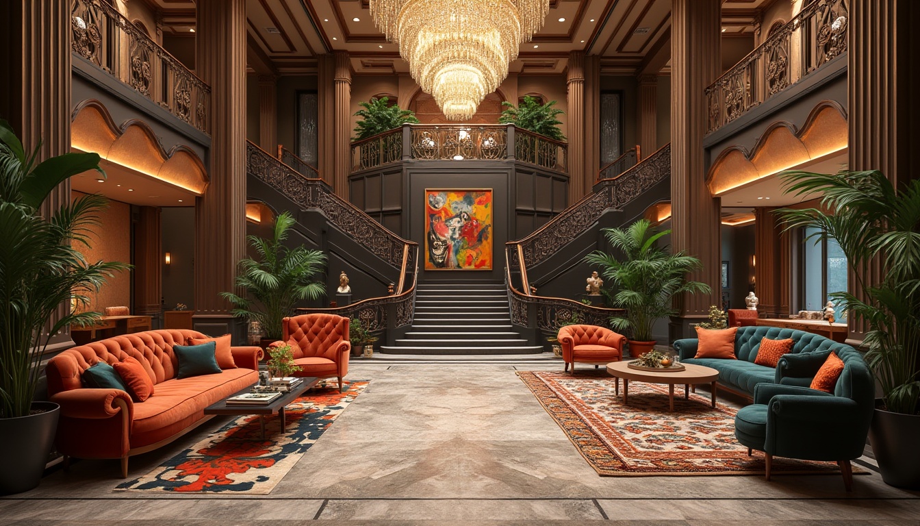 Prompt: Luxurious hotel lobby, eclectic mix of modern, vintage, and antique elements, grand staircase, ornate chandelier, marble floor, velvet sofas, patterned rugs, lavish greenery, unique artwork, bold color scheme, abstract sculptures, intricate moldings, luxurious fabrics, warm lighting, 3/4 composition, dramatic shadows, high ceilings, majestic columns, opulent atmosphere, vibrant textures.