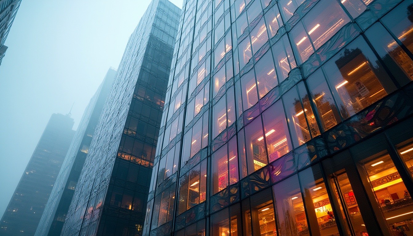 Prompt: Modern building, contemporary architecture, colored glass facade, abstract patterns, geometric shapes, urban cityscape, skyscraper, steel frame, reflective surface, angular lines, vibrant colors, gradient effects, transparent materials, intricate details, close-up shot, low-angle composition, dramatic lighting, moody atmosphere, morning mist, metropolitan area.