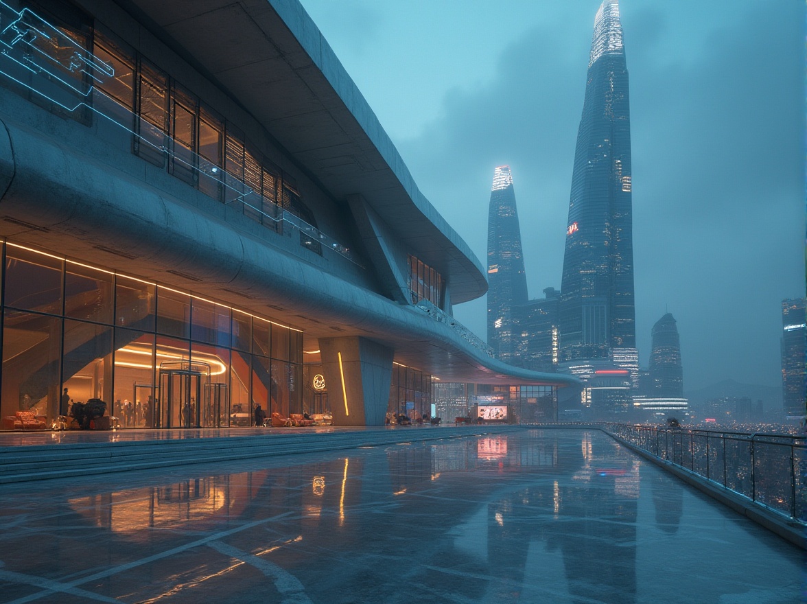 Prompt: Futuristic building, limestone exterior, sleek modern lines, metallic accents, neon lights, towering skyscraper, urban cityscape, night scene, foggy atmosphere, misty ambiance, distant mountains, ambient lighting, cinematic composition, 3/4 view, low-angle shot, high-rise structure, grand entrance, geometric patterns, minimalist design, luxurious interior, marble flooring, glass ceiling, futuristic elevator, holographic advertisements.