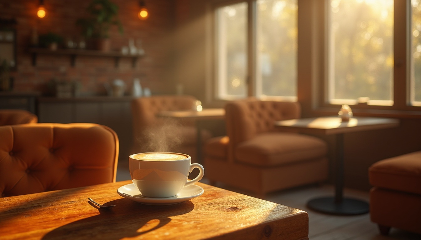 Prompt: Warm coffee color palette, rich brown, creamy beige, soft sienna, earthy tones, comfortable atmosphere, cozy cafe interior, wooden tables, velvet sofas, rustic brick walls, vintage decorative items, steam rising from cup, aromatic scent, morning sunlight, gentle shadows, 3/4 composition, warm lighting, film grain texture.