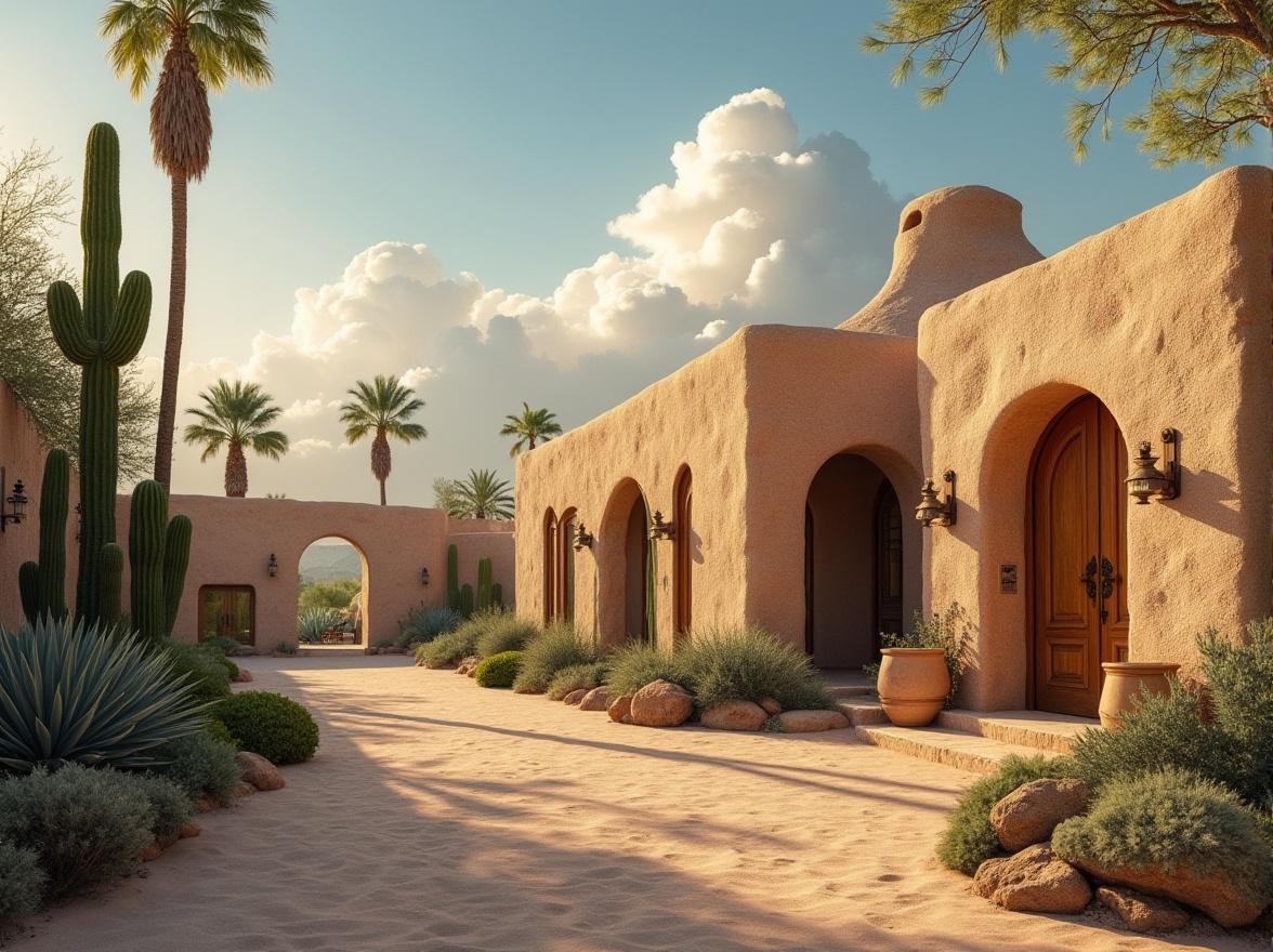 Prompt: Desert villa, Gainsboro color, warm beige tone, earthy texture, rustic stone walls, curved archways, wooden doors, ornate metal handles, lush greenery, cacti, palm trees, sandy dunes, clear blue sky, dramatic clouds, low-angle shot, warm golden lighting, soft focus, atmospheric perspective.