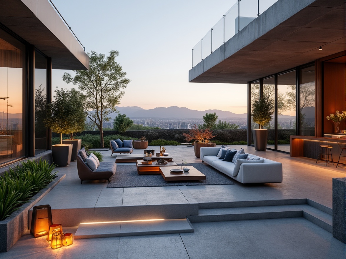 Prompt: Modern outdoor space, sleek lines, minimalist decor, luxurious patio furniture, low-maintenance plants, geometric-shaped planters, concrete or stone flooring, cantilevered roof, floor-to-ceiling windows, sliding glass doors, panoramic view of cityscape or mountains, warm ambient lighting, 3/4 composition, shallow depth of field, bold color accents, metallic materials, abstract sculpture or art piece, functional outdoor kitchen or bar area.