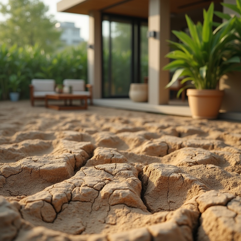 Prompt: Natural mud texture, earthy tone, rough surface, cracked pattern, irregular shape, outdoor setting, eco-friendly concept, sustainable design, environmental awareness, green architecture, modern villa, large windows, wooden furniture, potted plants, natural light, soft shadows, warm ambiance, 3/4 composition, shallow depth of field, soft focus, earthy color palette.