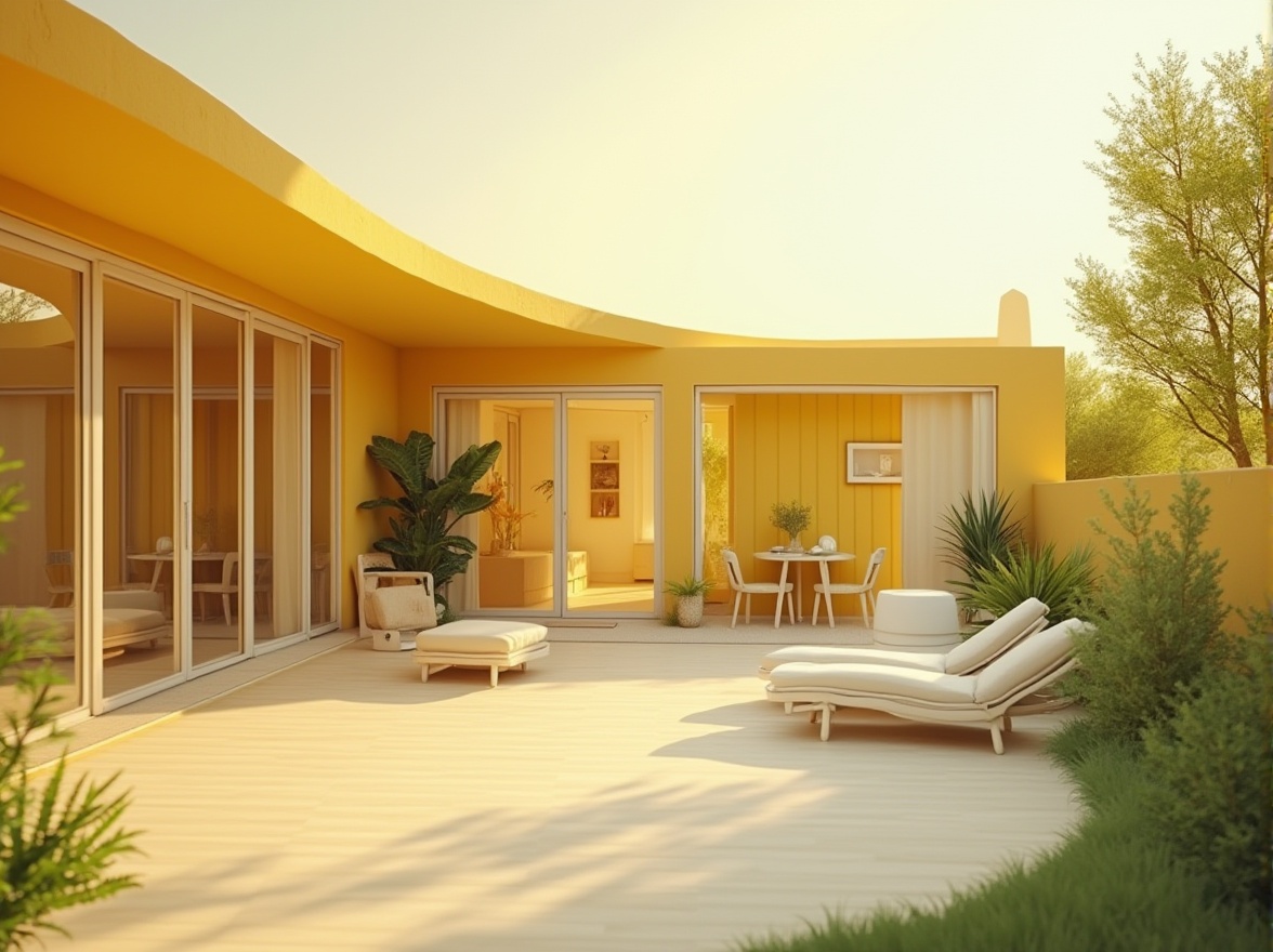 Prompt: Light yellow modern villa, minimalist style, curved lines, large windows, warm bright interior, natural light pouring in, minimal decor, cream-colored furniture, light wood flooring, green plants, gentle slope roof, surrounded by lush trees, sunny afternoon, warm atmosphere, soft focus, shallow depth of field, cinematic composition.