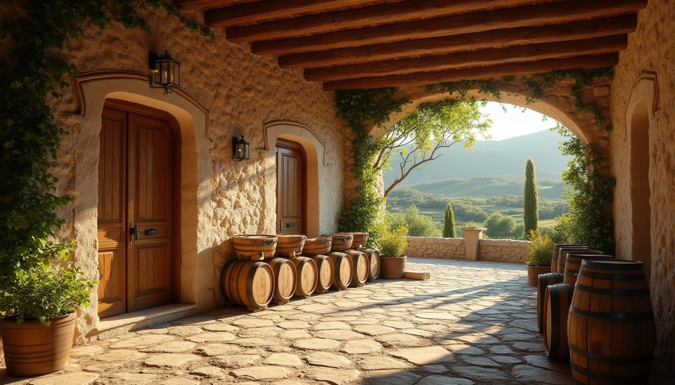 Prompt: Rustic winery, Mediterranean landscape, rolling hills, vineyards, natural earthy tone, rammed earth material, rough texture, stone-like structure, wooden doors, iron handles, green vines climbing walls, old oak barrels, wine cellar interior, dim warm lighting, afternoon sunbeams, ambient atmosphere, depth of field, realistic rendering, cinematic composition.