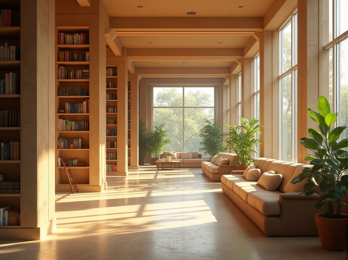 Prompt: Modern library interior, warm beige brick walls, rectangular pillars, natural light pouring through floor-to-ceiling windows, wooden bookshelves with ladder, comfortable reading nooks, soft cushions, earthy tone furniture, lush green plants, warm lighting, calm atmosphere, afternoon sunbeams, subtle shadows, 3/4 composition, shallow depth of field, realistic texture.