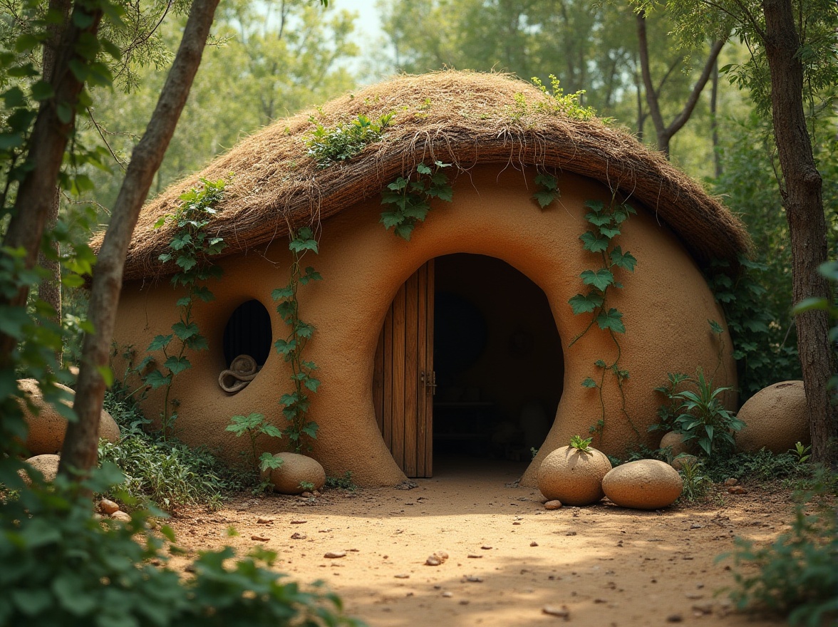 Prompt: Mud hut, eco-friendly architecture, sustainable design, natural materials, earthy texture, rustic structure, curved lines, organic shape, lush greenery surroundings, vines crawling up walls, wooden door, straw roof, earth tone color palette, warm ambient lighting, soft focus, cinematic composition, 3/4 view angle.