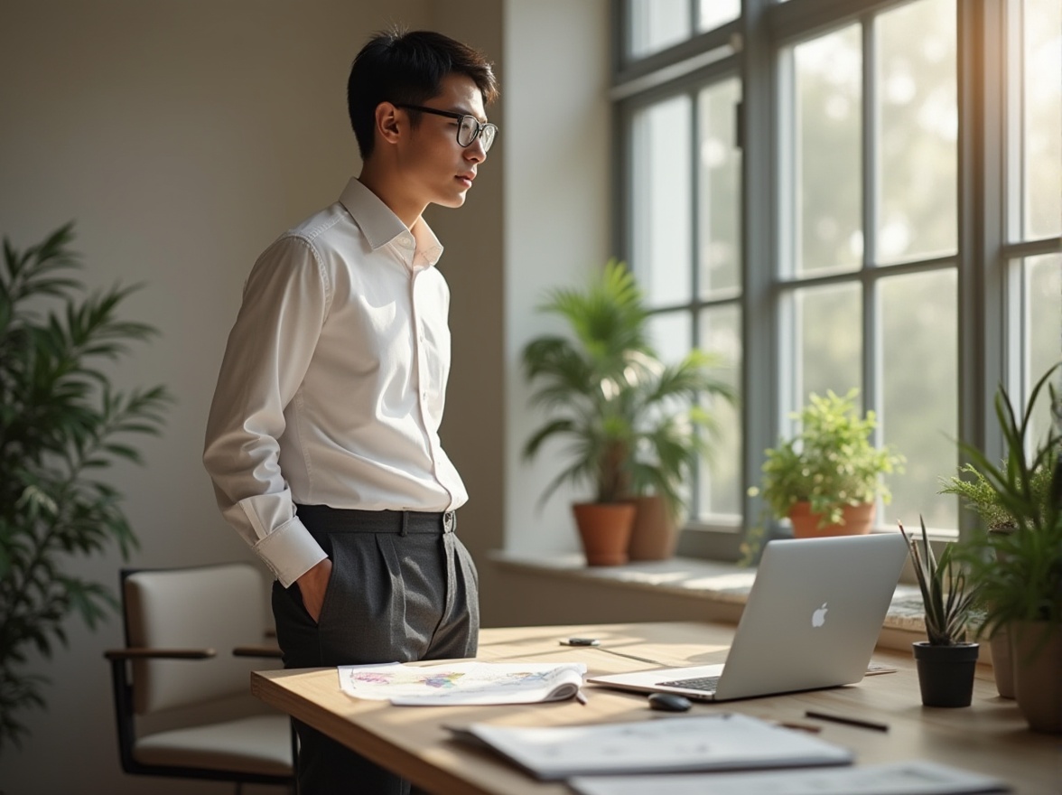 Prompt: Modern designer, balancing aesthetics and functionality, solo, (30yo), short black hair, glasses, white shirt, dark blue trousers, standing, modern office, minimalist desk, ergonomic chair, Apple laptop, pencils, papers, sketches, plants, wooden floor, large window, natural light, soft shadows, 3/4 composition, warm color tone, ambient lighting.