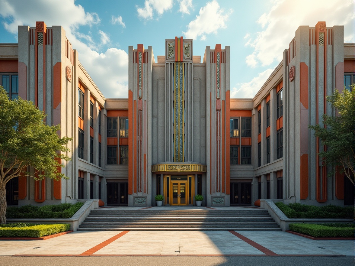 Prompt: Art Deco style, middle school, building, concrete materials, geometric patterns, ornate decorations, bold colors, metallic accents, grand entrance, symmetrical composition, central courtyard, glass windows, steel beams, industrial chic, urban setting, cityscape, afternoon sunlight, warm ambient lighting, high-contrast shadows, architectural details, brutalist architecture, monumental scale.