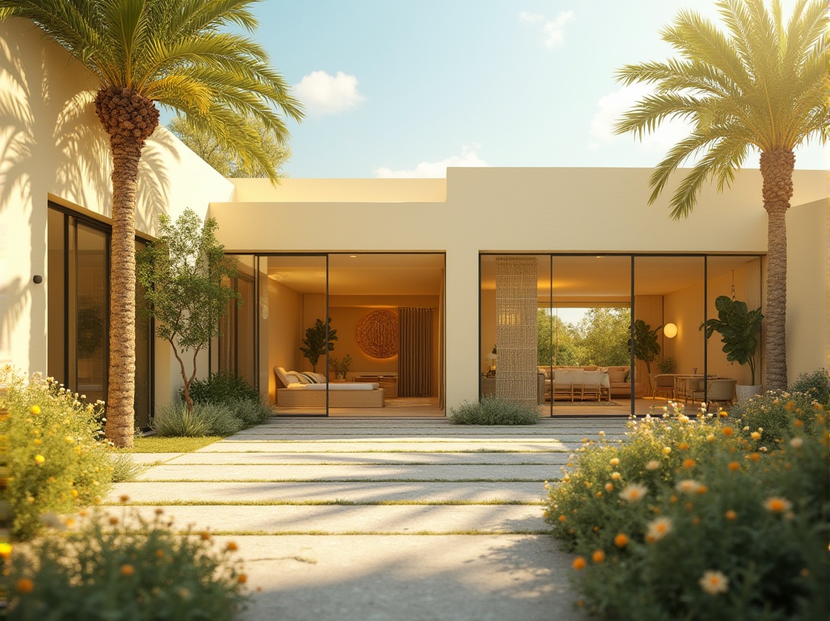 Prompt: Light yellow, bright modern villa, Mediterranean style, large windows, glass doors, cream-colored stucco exterior walls, curved lines, minimalist decoration, lush greenery, palm trees, sun-kissed courtyard, warm afternoon lighting, 3/4 composition, shallow depth of field, vibrant flowers, stone pathway, subtle texture, soft focus.