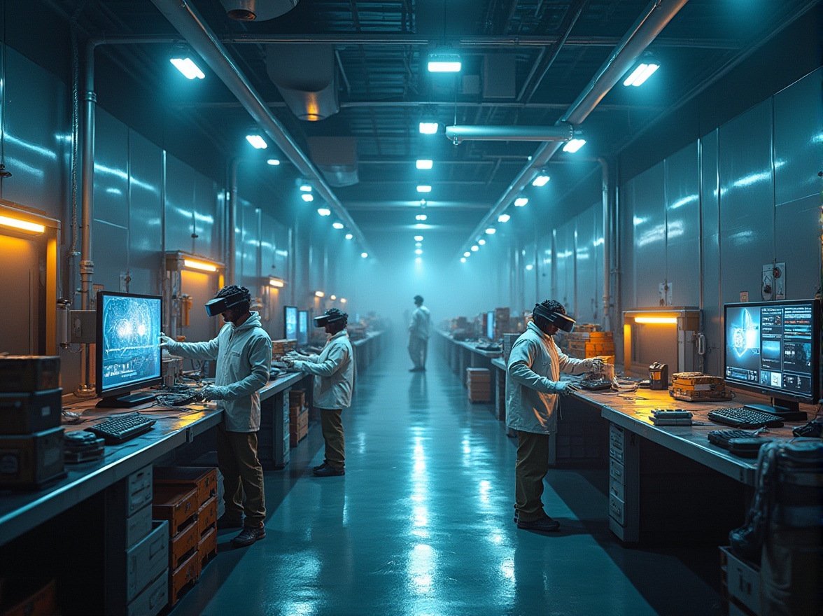 Prompt: Futuristic distribution center, high-tech atmosphere, sleek metal walls, neon lights, robotic arms, conveyor belts, crates stacked high, futuristic computers, holographic displays, virtual reality headsets, employees in sleek white jumpsuits, gloves with built-in scanners, augmented reality glasses, intense spotlights, panoramic view, 3/4 composition, dynamic shadows, industrial textures, metallic reflections, cinematic lighting.