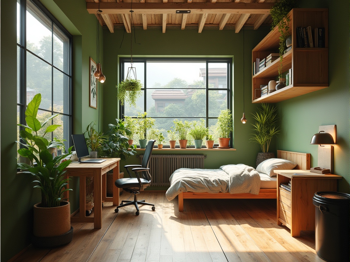 Prompt: Modern dorm room, sustainable design, eco-friendly furniture, recycled materials, minimal waste, green walls with living plants, natural light pouring in through large windows, solar panels on roof, energy-efficient lighting, wooden floor, minimalist decor, single bed with organic bedding, desk made from reclaimed wood, ergonomic chair, recycling bins, potted plants, calm atmosphere, soft warm lighting, 3/4 composition, shallow depth of field, cozy and inviting ambiance.