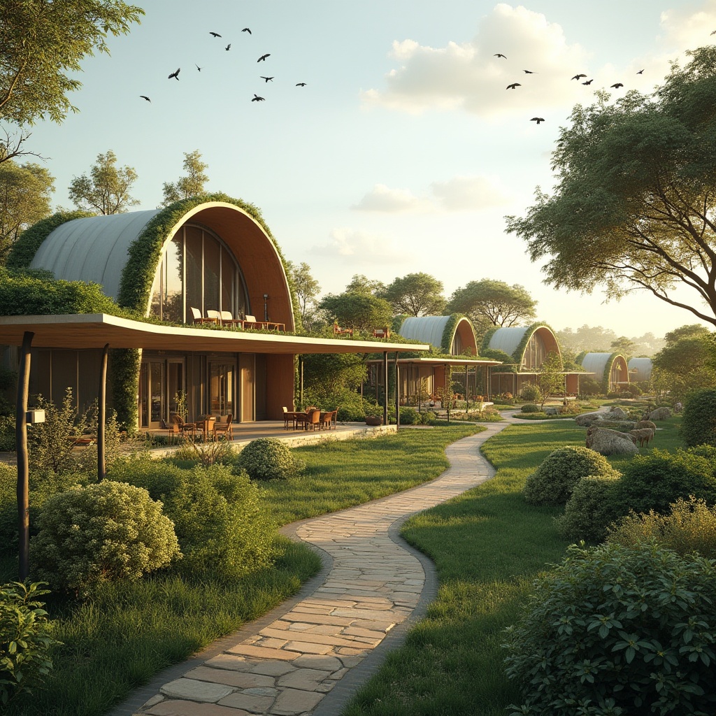 Prompt: Sustainable savannah architecture, eco-friendly buildings, curved lines, green roofs, solar panels, recycled materials, natural ventilation, open spaces, minimal carbon footprint, African-inspired design, earthy tones, wooden accents, steel frames, lush greenery, trees surrounding the structure, birds flying overhead, sunny day, warm lighting, 3/4 composition, panoramic view.