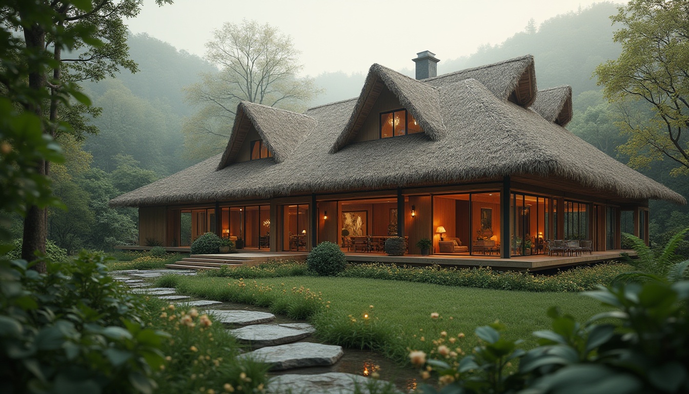 Prompt: Thatched roof, modern villa, luxurious, natural materials, earthy tone, rustic charm, wooden beams, large windows, greenery surroundings, forest, misty morning, soft lighting, 3/4 composition, warm color palette, cozy atmosphere, serene backdrop, shallow depth of field, cinematic mood.