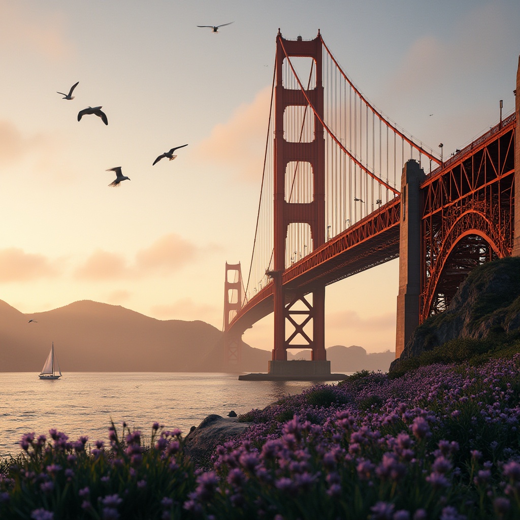 Prompt: Golden gate bridge, majestic architecture, intricate details, golden hue metal beams, ornate railings, sunset time, warm soft lighting, gentle mist, San Francisco, foggy atmosphere, seagulls flying overhead, calm waters of the bay, sailboats passing underneath, vibrant purple flowers blooming on the bridge's sides, lush greenery, warm ambient light, cinematic composition, 3/4 angle, slight dutch angle.