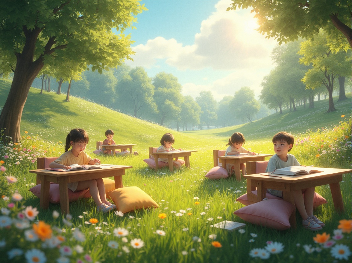 Prompt: Meadow-inspired learning environment, bright natural light, warm atmosphere, colorful flowers blooming, lush green grass, wooden desks with curved legs, soft cushions in pastel colors, gentle slope of the meadow, distant trees providing shade, white clouds drifting lazily across the sky, open books and scattered papers, pencils and pens lying on the grass, few students sitting or lying down, reading or discussing, relaxed and engaged expressions, warm sunbeams filtering through the trees, soft focus on the surrounding environment.