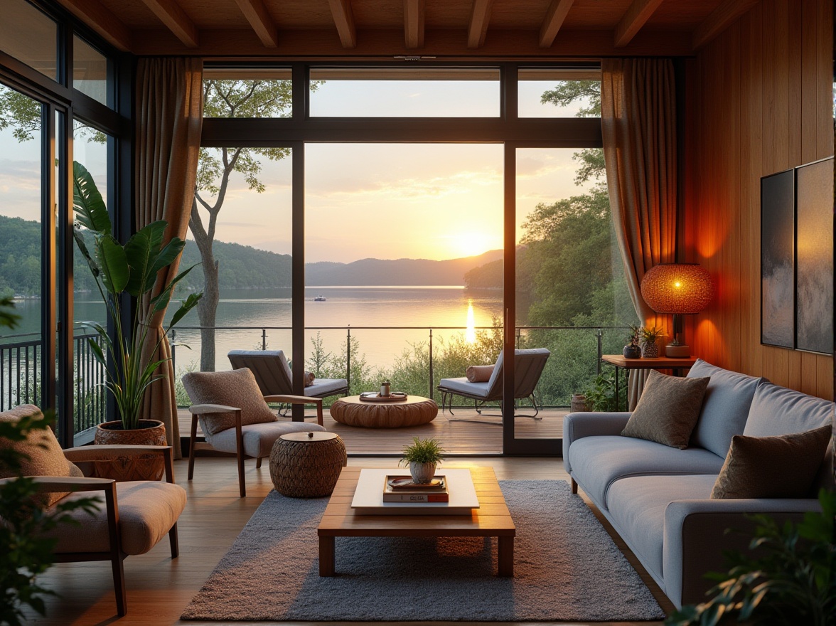 Prompt: Lakefront living, social housing, modern villa, luxurious interior design, large windows, scenic lake view, wooden flooring, comfortable couch, coffee table, greenery, balcony, outdoor furniture, BBQ grill, sunset time, warm lighting, soft focus, shallow depth of field, vibrant colors, 3/4 composition, panoramic view.