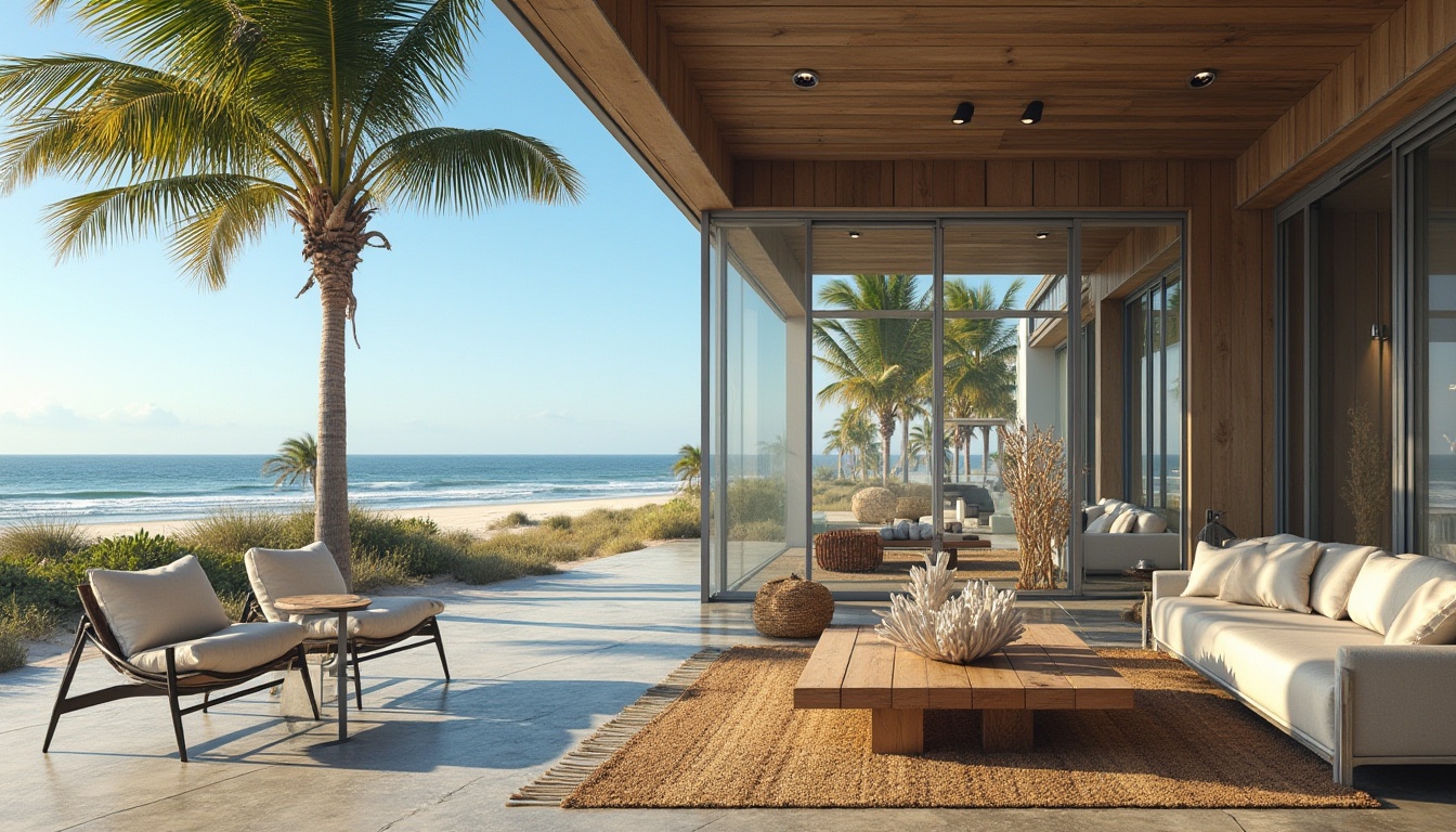 Prompt: Beach modernism, galvanized steel, weathered exterior, sleek lines, minimalist villa, oceanview, palm trees, sandy beach, clear blue sky, natural light, rustic wood accents, large windows, sliding glass doors, open floor plan, industrial chic interior, metal frame chairs, reclaimed wood coffee table, nautical rope decor, driftwood sculptures, woven sea grass rugs, coral-inspired planters, coastal landscape, warm sunny day, shallow depth of field, cinematic composition, natural ambiance.