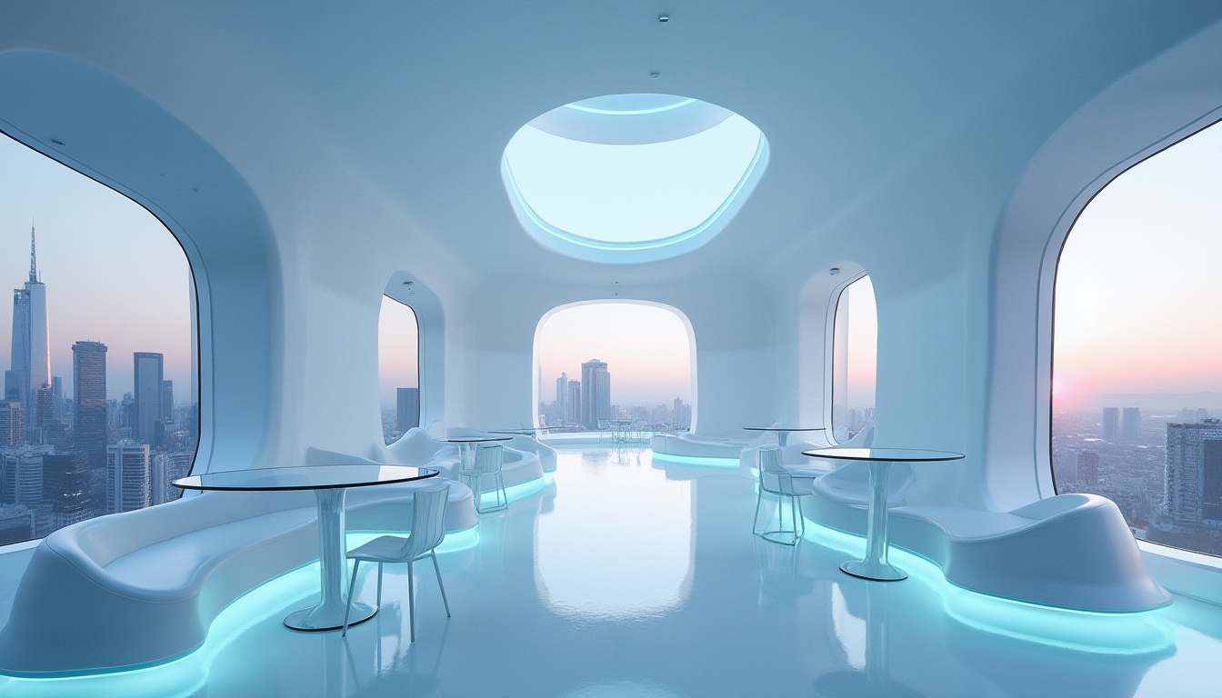 Prompt: Modern futuristic interior design, innovative use of fiberglass, sleek curved lines, glossy white walls, floor-to-ceiling windows, minimalistic furniture, translucent glass tables, ergonomic fiberglass chairs, ambient lighting, soft blue glow, 3/4 composition, low-angle shot, urban skyscraper, cityscape background, evening atmosphere, subtle mist effect.