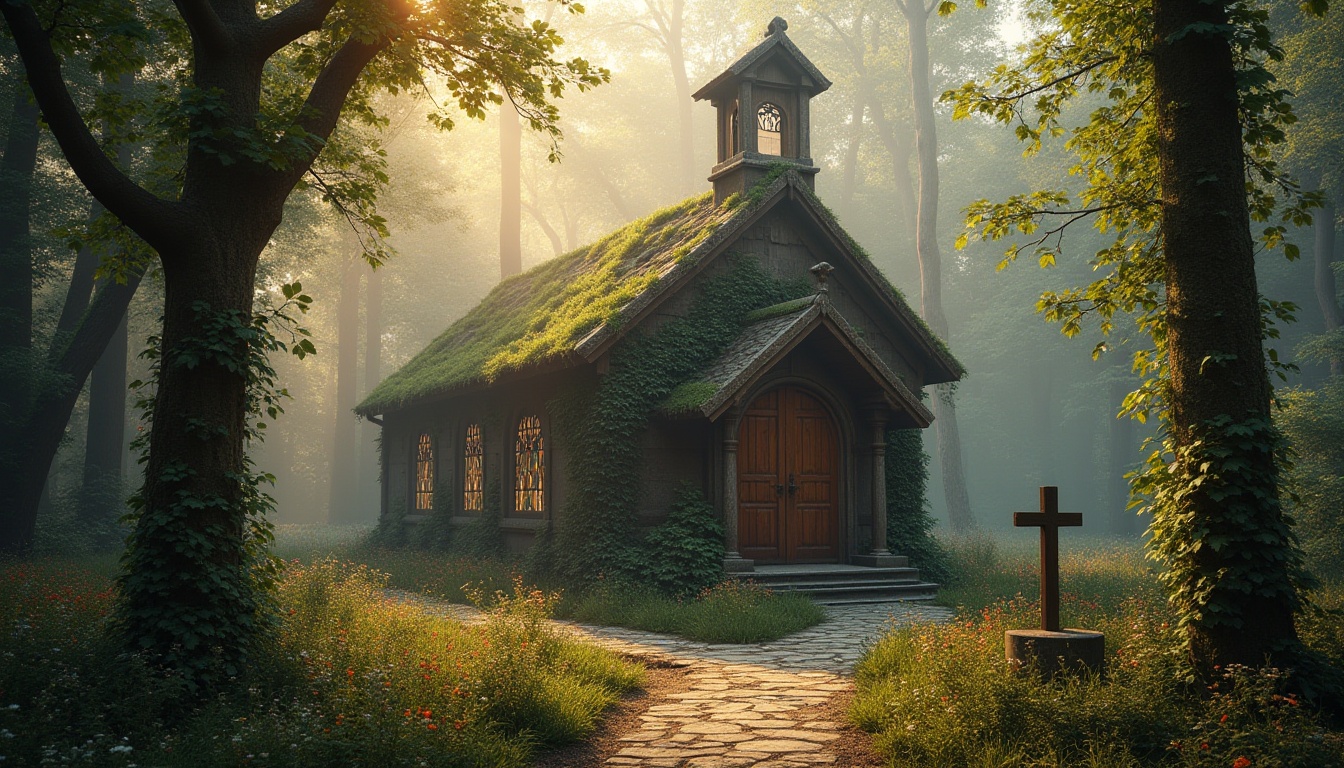 Prompt: Rustic chapel, forest surroundings, misty atmosphere, morning sunbeams filtering through trees, wooden cross, stone pathway, wildflowers, vines crawling up walls, stained glass windows, intricately carved doors, moss-covered roof, bell tower, peaceful ambiance, nature-inspired architecture, earthy tones, natural materials, serene composition, soft warm lighting, subtle fog effect.