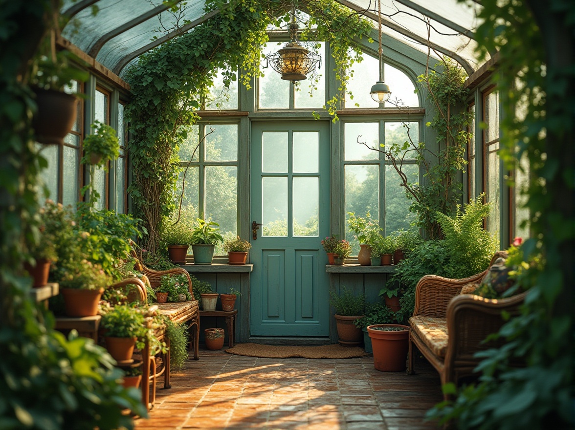 Prompt: Greenhouse interior, heliotrope color accents, lush greenery, exotic plants, delicate vines, wooden trellis, misty atmosphere, warm soft lighting, natural textures, earthy tones, vintage gardening tools, woven wicker furniture, flower pots, ivy climbing walls, serene ambiance, 3/4 composition, shallow depth of field, pastel color palette, whimsical details, peaceful scenery.