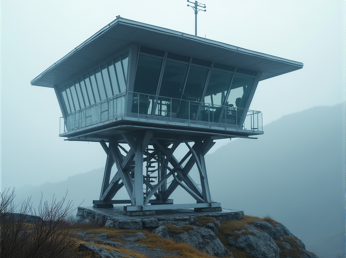 Prompt: Watching tower, modern architecture, steel-framed materials, sleek lines, silver-gray color, reflective glass windows, angular roof, strong pillars, sturdy foundation, scenic view, mountainous background, misty atmosphere, low-angle shot, cinematic composition, dramatic lighting, high contrast, realistic texture.