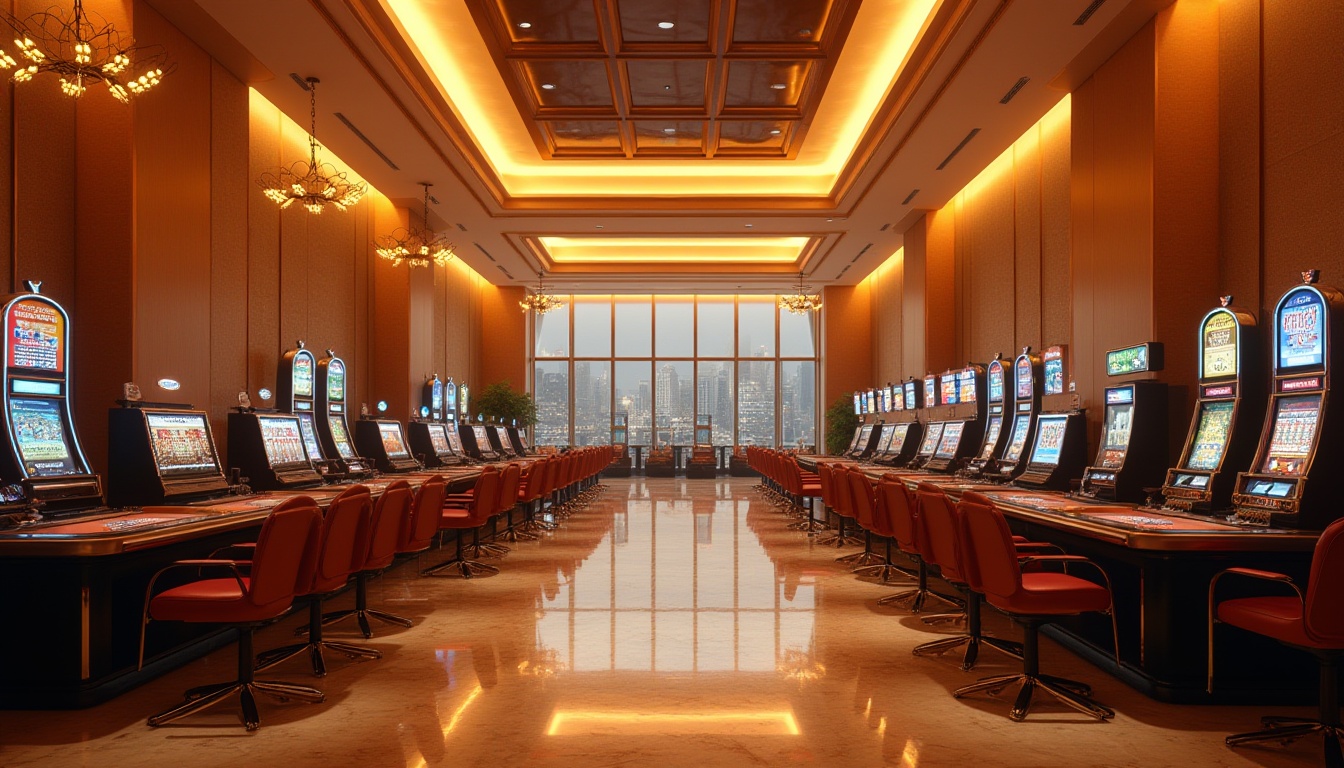 Prompt: High-tech casino interior, Amber color palette, warm golden lighting, luxurious atmosphere, sleek marble floors, metallic accents, LED screens displaying odds, rows of slot machines, roulette tables, poker rooms, VIP lounges, futuristic chandeliers, minimalist decor, ambient glow, soft focus, cinematic composition, shallow depth of field, warm beige walls, dark wood furniture, velvet drapes, neon signs, cityscape view from floor-to-ceiling windows.