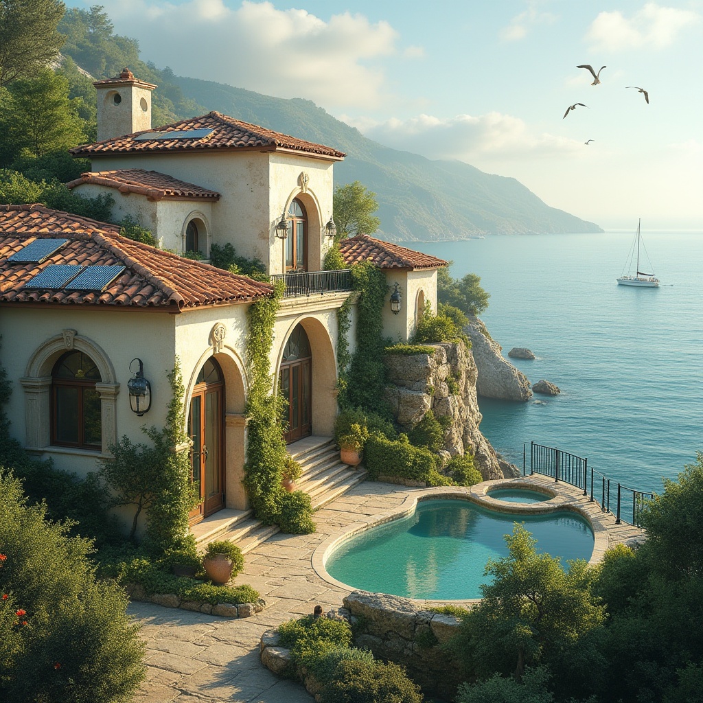 Prompt: Coastal Romanesque villa, sustainable practices, eco-friendly materials, recycled wood, solar panels, green roof, Mediterranean style, white stucco walls, curved archways, ornate stone carvings, lush greenery, overgrown with vines, seaside cliffside location, turquoise ocean views, sailboats in the distance, seagulls flying overhead, warm golden lighting, soft misty atmosphere, 3/4 composition, shallow depth of field, natural textures, earthy tones.