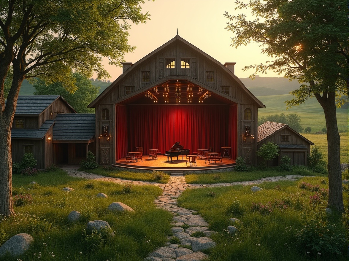 Prompt: Rural landscape, rolling hills, green pastures, rustic barn converted into performing arts center, wooden stage, velvet curtains, spotlights, grand piano, audience seating, acoustic sound system, natural light pouring in through large windows, surrounding trees providing shade, outdoor amphitheater, lush grass, wildflowers, stone pathways, serene atmosphere, warm sunset lighting, 3/4 composition, cinematic depth of field.