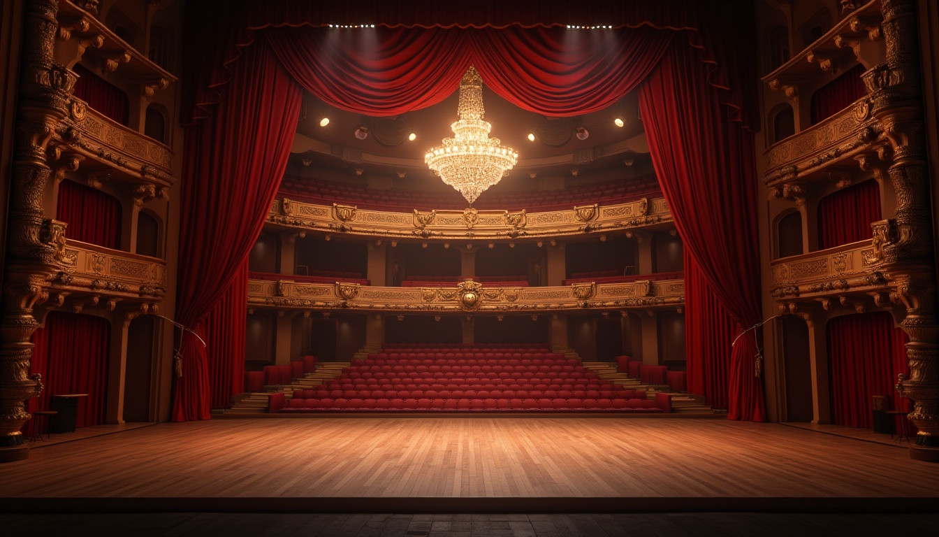 Prompt: Theater stage, performance arts, grand chandelier, red velvet curtains, golden ornate frames, luxurious seating, spotlights, backstage area, makeup stations, costume racks, rehearsals, warm lighting, wooden floorboards, acoustic panels, soundproofing, dynamic composition, low-angle shot, dramatic shadows, rich textures.