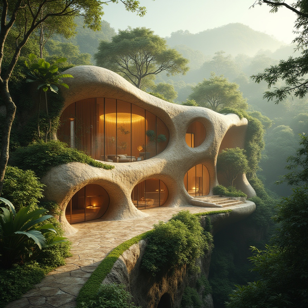 Prompt: Organic architecture, incorporating Chukum material, futuristic, sustainable, eco-friendly, wavy lines, curved structures, biomimetic design, earthy tone, natural texture, stone-like appearance, translucent walls, iridescent glow, soft ambient lighting, misty atmosphere, lush greenery surroundings, vines crawling up the building, tropical forest setting, warm sunny day, high-angle shot, 3/4 composition, depth of field.