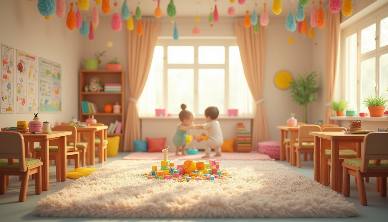 Prompt: Colorful kindergarten, vibrant fabric decorations, cotton balls hanging from ceiling, soft plush carpet, wooden tables and chairs, tiny flower patterns on curtains, gentle natural light, warm beige walls, educational posters, children playing with building blocks, learning toys scattered around, colorful woven baskets, cozy reading nook with pillows, pastel color scheme, soft focus, shallow depth of field.