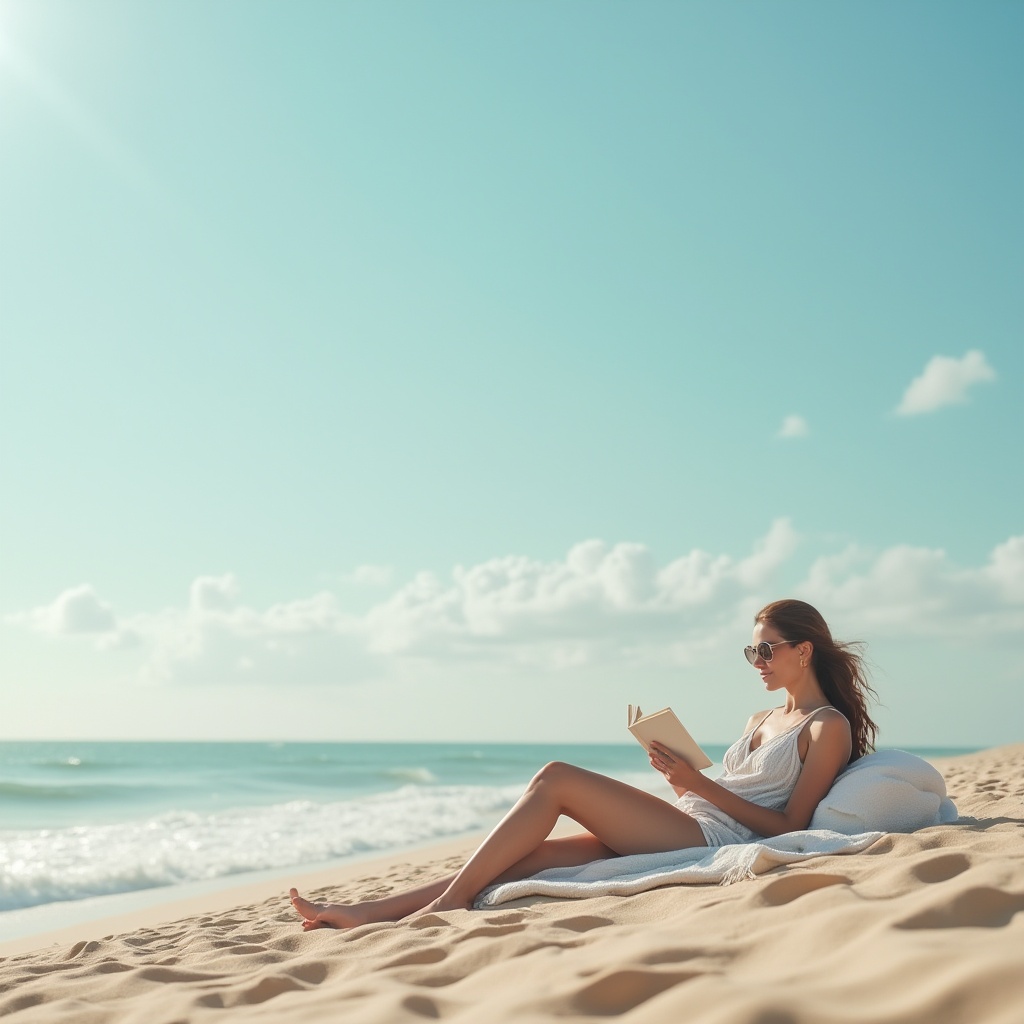 Prompt: Soft pastel light blue, calming atmosphere, peaceful scenery, gentle waves, serene beach, clear sky, few white puffy clouds, warm sandy dunes, beach towels, sunglasses, relaxed pose, reading book, calm facial expression, soft focus, shallow depth of field, natural lighting, warm color tone, 3/4 composition.