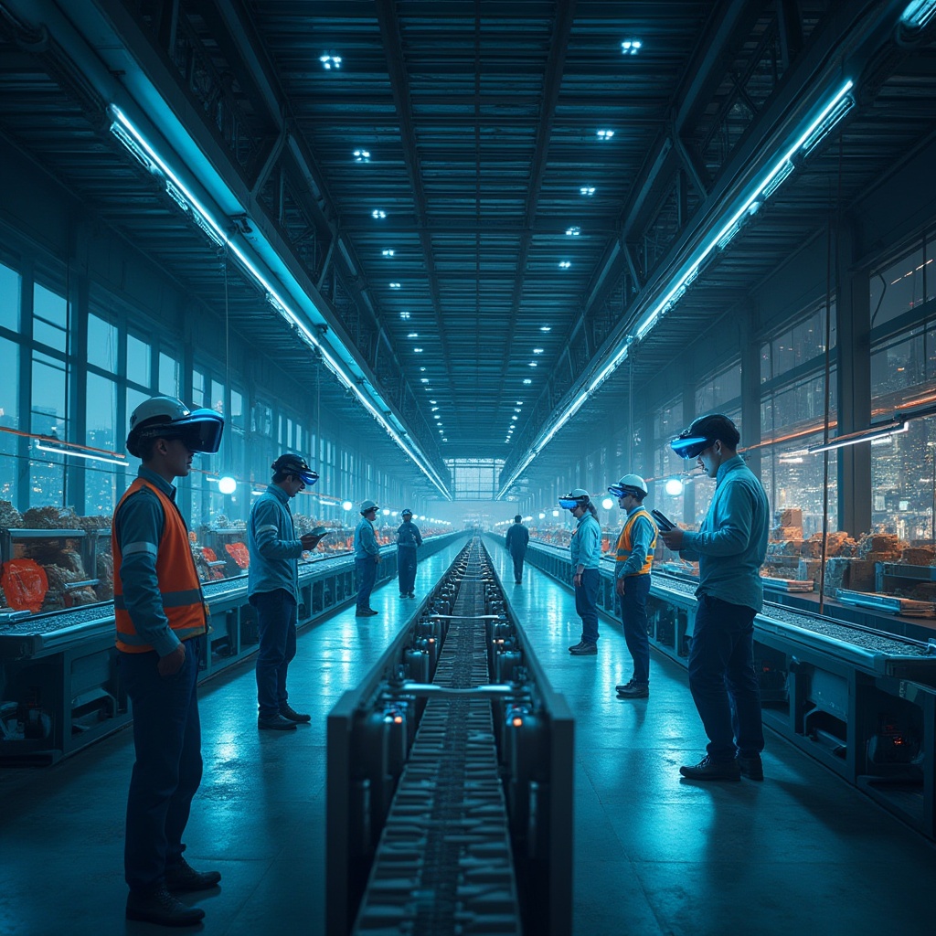 Prompt: Futuristic distribution center, high-tech style, modern architecture, sleek metal beams, LED lights, automatic conveyor belts, robotic arms, transparent glass walls, minimalist interior design, busy workers in futuristic uniforms, augmented reality visors, tablets, smartwatches, dynamic lighting, neon colors, cityscape background, metropolitan area, night scene, cinematic composition, low-angle shot, dramatic lighting, 3/4 view.