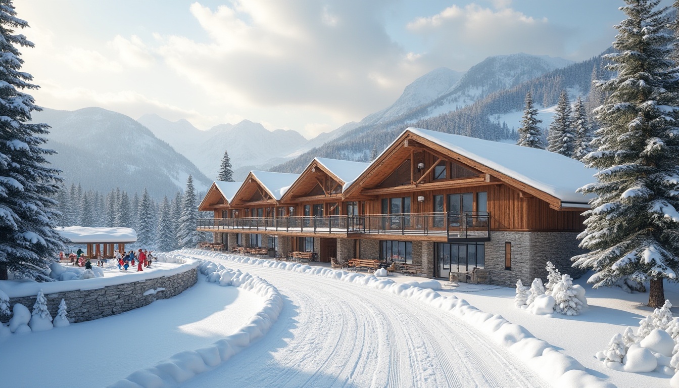 Prompt: Winter sports, ski center, modern architecture, Khaki color palette, warm beige tone, earthy brown, creamy white, rusty red accents, wooden texture, stone walls, large glass windows, snow-capped roofs, mountainous background, evergreen trees, cloudy sky, soft natural lighting, afternoon ambiance, 3/4 composition, panoramic view.