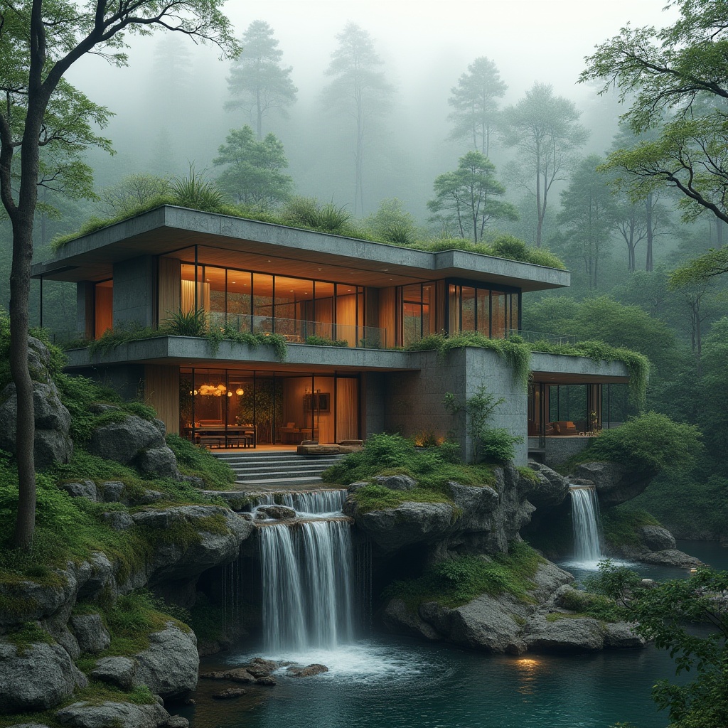 Prompt: Brutalist villa, natural integration, large windows, concrete walls, wooden accents, living plants, green roof, waterfall feature wall, rock formations, forest surroundings, misty atmosphere, warm lighting, 3/4 composition, panoramic view, cinematic mood, soft focus, high dynamic range.