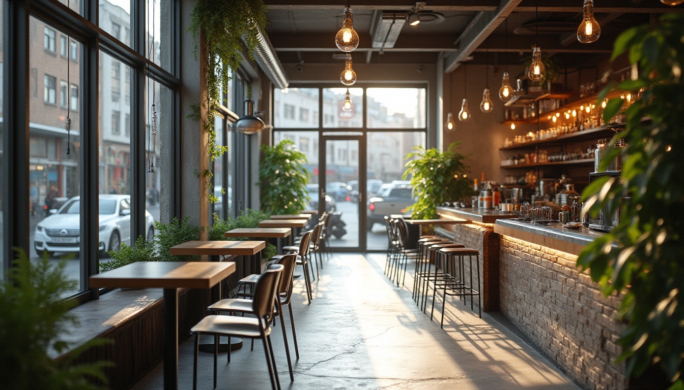 Prompt: Modern coffee shop interior, silver color scheme, sleek metal tables, chairs with silver legs, minimalist decor, industrial chic atmosphere, concrete floor, silver-toned pendant lamps, warm lighting, comfortable seating area, lush green plants, natural stone wall, large glass windows, urban cityscape view, busy street scene, afternoon sunlight, soft focus, shallow depth of field, cozy ambiance, inviting atmosphere.