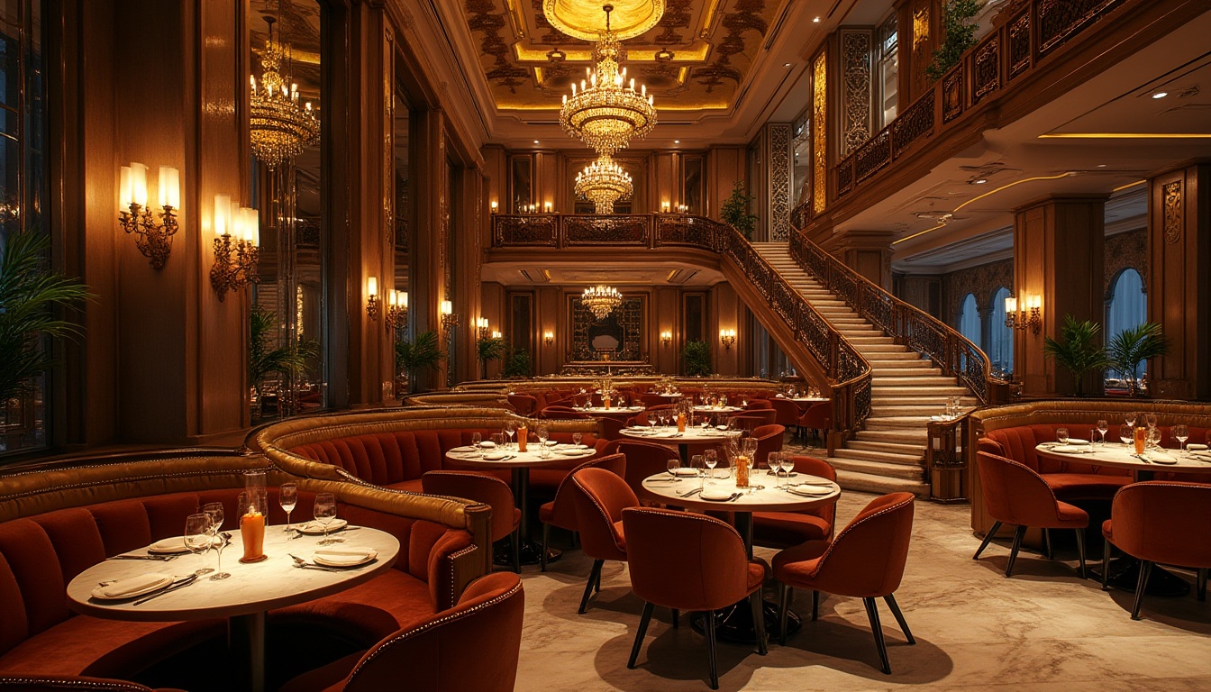 Prompt: Luxurious restaurant interior, Art Deco style, 1920s vibe, golden metallic accents, geometric patterns, elegant curved lines, luxurious fabrics, velvet sofas, marble tables, ornate chandeliers, grand staircase, lavish decorations, opulent atmosphere, dim warm lighting, soft focus, cinematic composition, shallow depth of field, sophisticated ambiance.