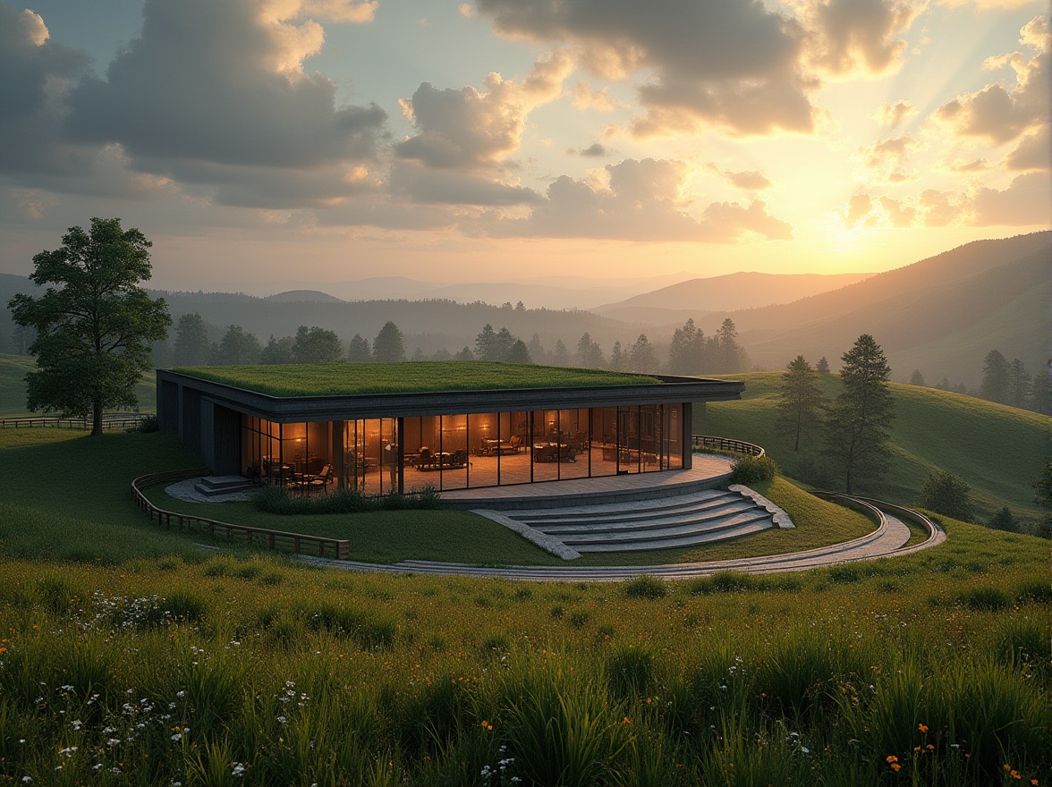 Prompt: Rural performing arts center, surrounded by rolling hills, verdant meadows, wooden fences, ancient trees, integrating modern architecture with natural materials, glass walls, steel beams, green roof, outdoor amphitheater, stone seats, lush grass, wildflowers, misty morning light, warm sunset, dramatic cloudy sky, panoramic view, 3/4 composition, cinematic lighting, rustic charm, blending into the landscape.