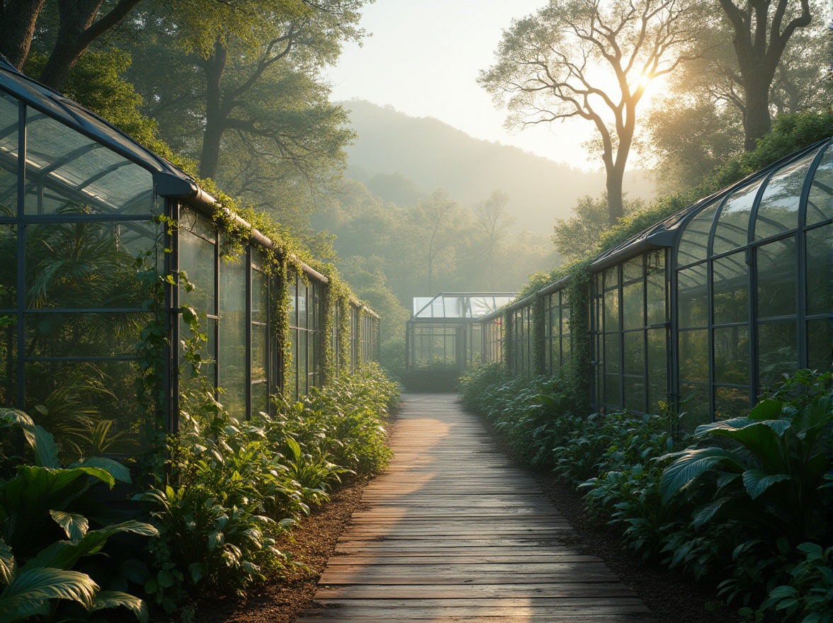 Prompt: Integrating greenhouses, forest landscapes, modern architecture, glass walls, steel frames, lush tropical plants, vines climbing up walls, wooden floors, natural lighting, misty atmosphere, foggy morning, sun rays filtering through trees, mist-covered mountains in the distance, peaceful ambiance, 3/4 composition, cinematic mood, soft focus, warm color tone.