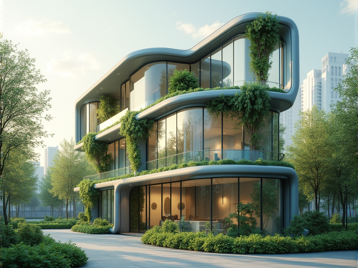 Prompt: Light green building, modern architecture, sleek lines, large windows, transparent glass walls, minimalist design, lush greenery, vertical gardens, living walls, natural light, airy atmosphere, urban setting, cityscape, gentle curves, smooth textures, matte finishes, subtle shading, warm ambiance, soft focus, shallow depth of field.